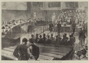 Die Kommunistenprozesse in Versailles, der Gerichtssaal geräumt, das Urteil wird verlesen